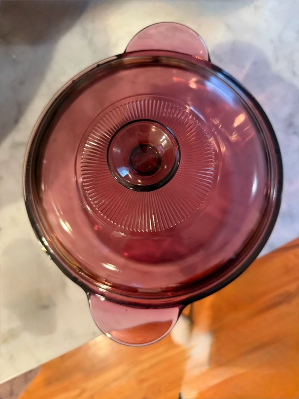Vintage Corning Visions Cranberry Dutch Oven with two matching Pyrex lids 1.5L
